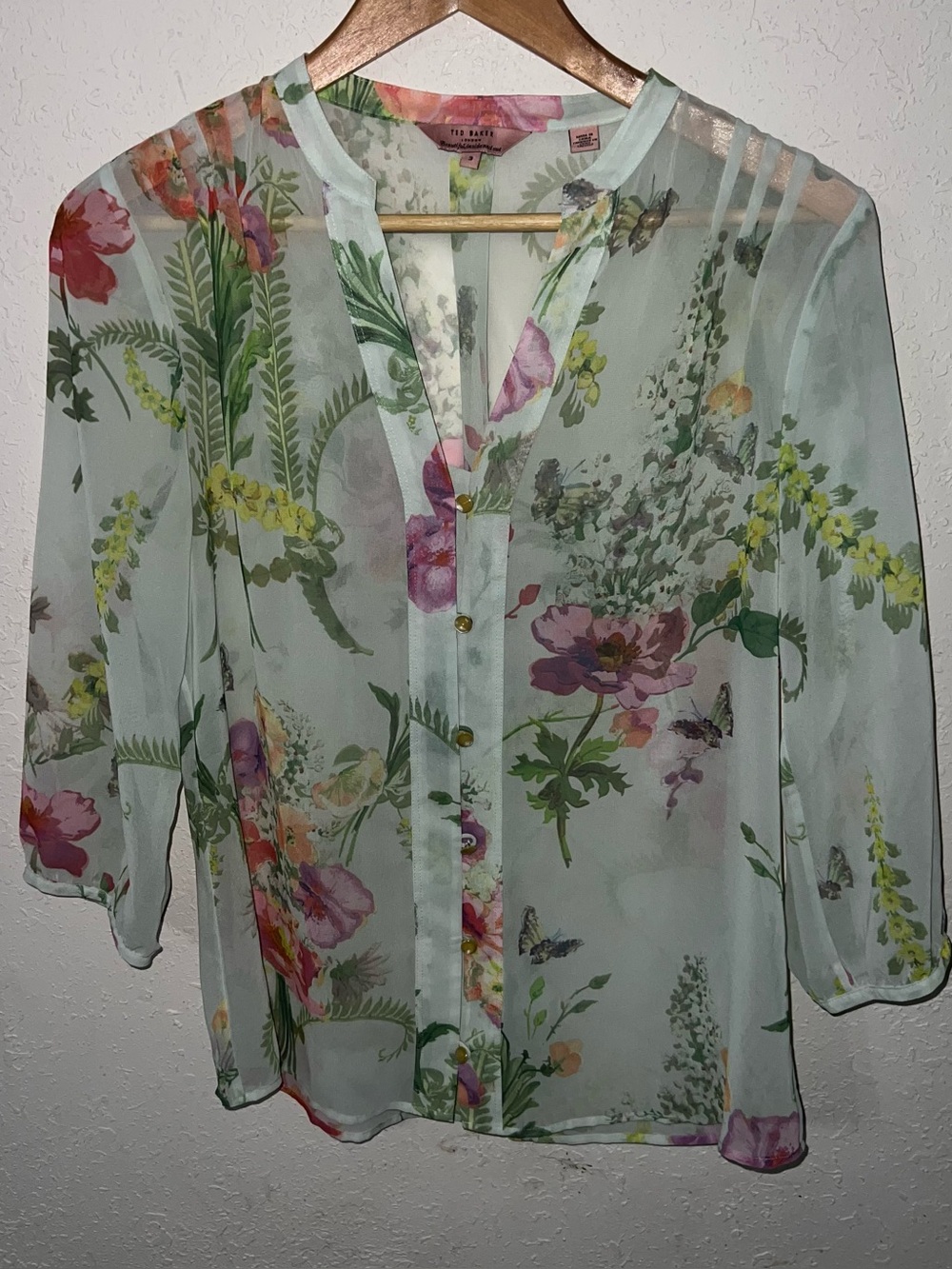 Ted Baker sheer light green floral print button-down blouse size Medium.